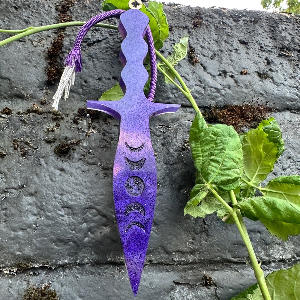 💜Deep Purple & Jet Black Sparkly Viola Cornuta Moon Phase Hanging Wall Dagger🖤